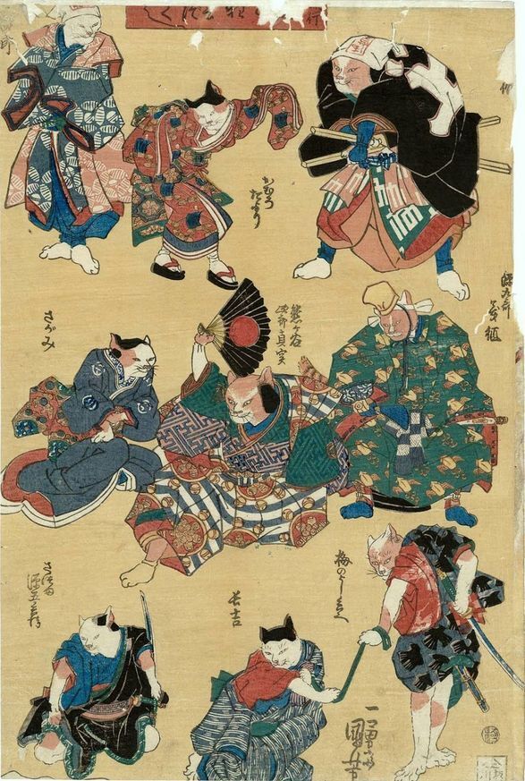 Ilustrações do período feudal tinham gatos em cenas do cotidiano ou representando atores de kabuki