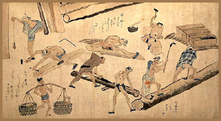 Ukiyo-e Kinsei Shokunin Zukushi Ekotoba de Kuwagata Keisai (1764 - 1824) representando trabalhadores braçais da construção civil em Edo. Essa massa de trabalhadores migrantes tinham um estilo de vida que era gastar o salário com comida, bebida, entretenimento e banho