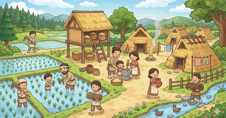 Uma das principais contribuições dos Yayoi para o Japão foi o cultivo de arroz, Inasaku