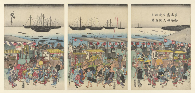 Ukiyo-e Takanawa Nijuroku ya Machi Yugyo no Zu de Utagawa Hiroshige (1797 - 1858) retratando o festival noturno Nijūrokuya-machi na costa de Takanawa. Com o aumento de migração do interior para Edo, barracas de sushi e vendedores ambulantes começaram a surgir para atender a crescente demanda de trabalhadores que gastavam em comida, bebida, banho e entretenimento