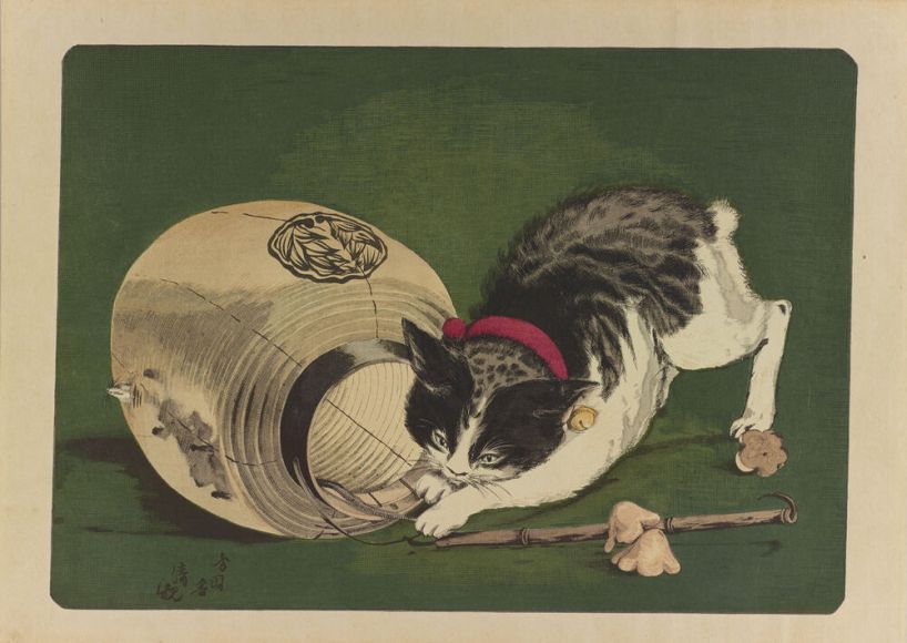 Xilogravura japonesa de gatos no Japão. O ukiyo-e é uma técnica japonesa que se usa várias camadas para formar imagens e os gatos eram ilustrações comuns na era feudal