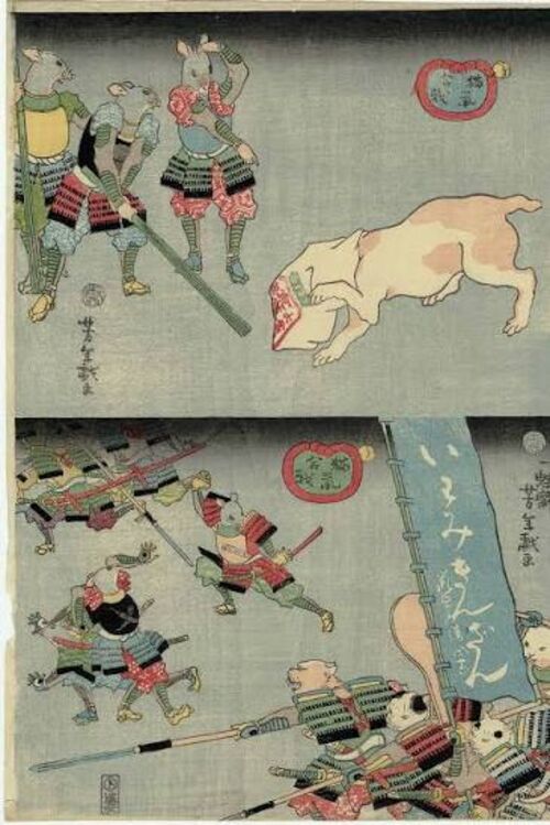 Print em ukiyoe de Tsukioka Yoshitoshi mostra batalha de gatos
