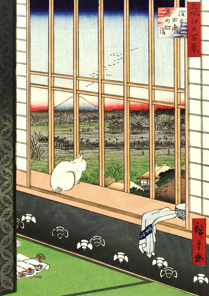 Ilustrações do artista Utagawa Hiroshige retratava gatos como parte do cotidiano 