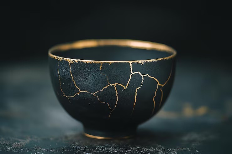 Kintsugi é uma técnica de reparação com ouro para ressignificar cerâmica quebrada adicionando valor. Pode ajudar na mentalidade e praticar isso na vida