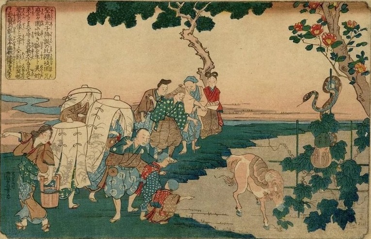 Ilustração mostra pessoas admirando uma cabaça que apareceu no momento em que o príncipe Shōtoku. A cabaça tem muitas simbologias no budismo, entre elas a fartura e abundância, e a união entre o céu e a terra. Ukiyo-e de Jôshû-ya Jûzô