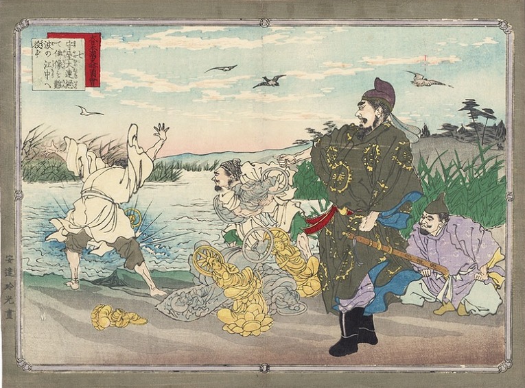 Ilustração de Mononobe no Moriya jogando a estátua de Buda no rio. Ukiyo-e de Adachi Ginkō (1853 - 1908)