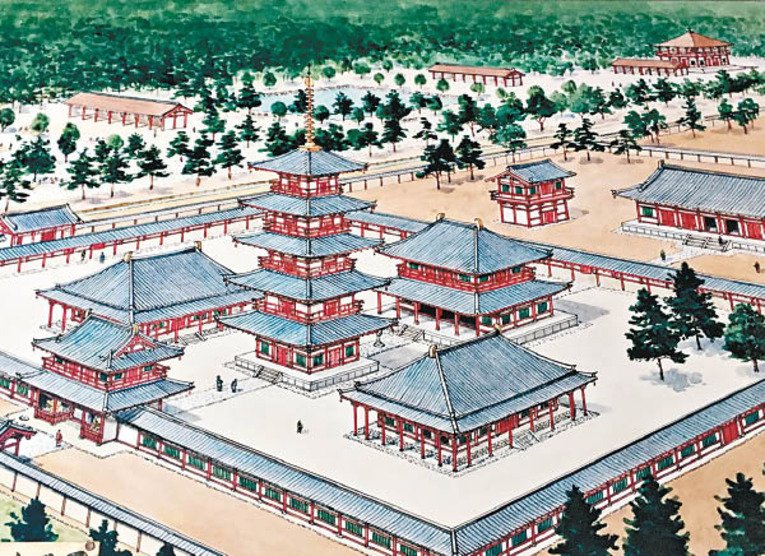 Desenho do que era o templo Asukadera originalmente. O templo é um dos mais antigos do Japão e foi construído pelo clã Soga após o Sanpō Kōryū no Mikotonori emitido pela imperatriz Suiko